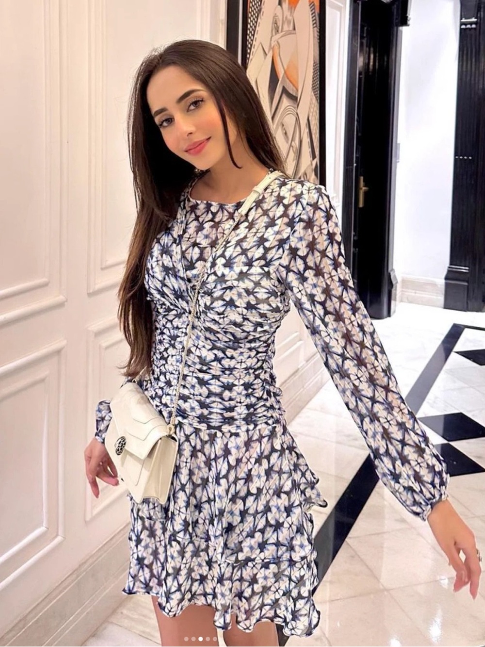 Zara Navy & White Floral Ruched Long-Sleeve Mini Dress